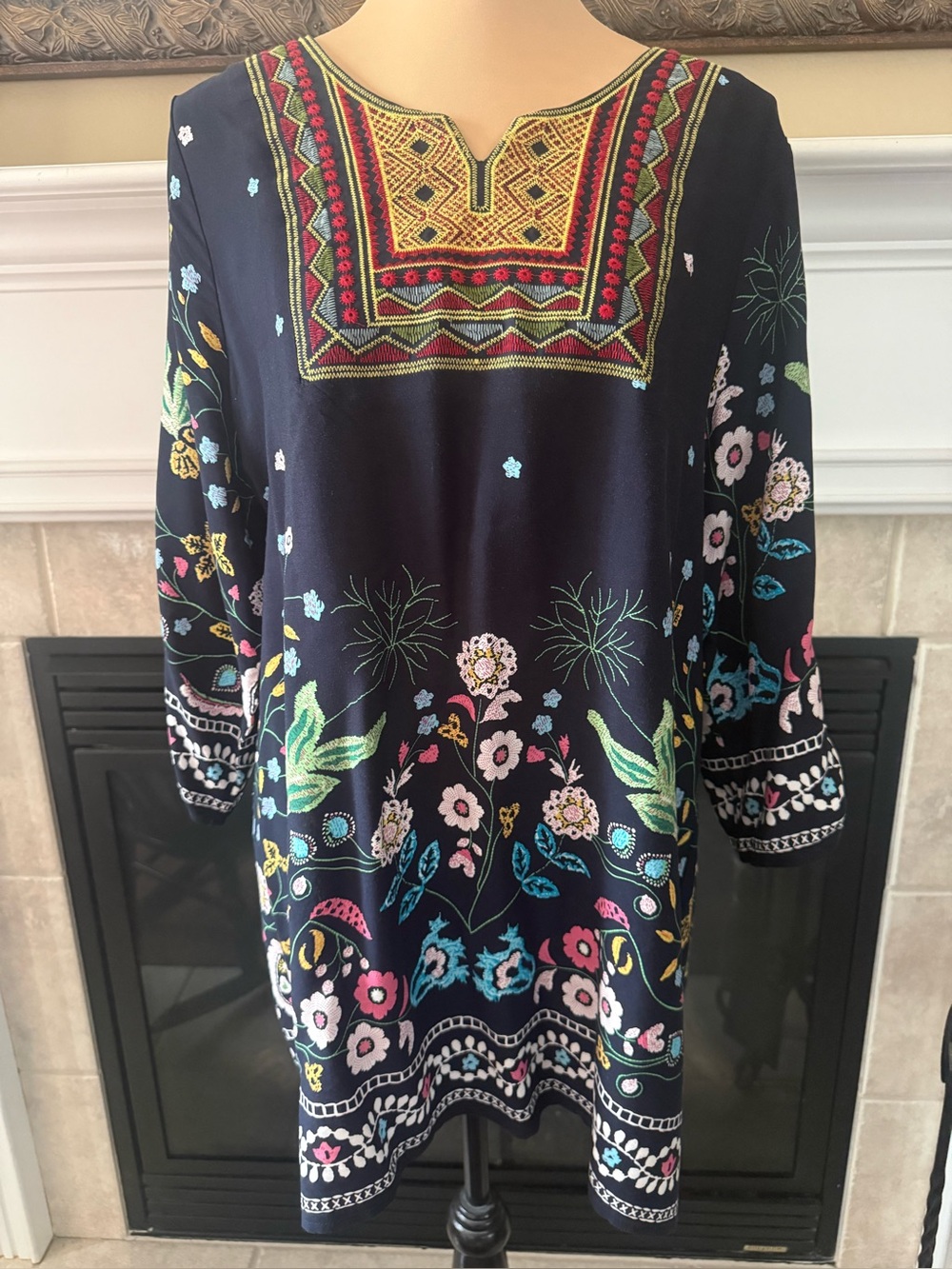 Navy Boho Floral Embroidered Tunic Top XL